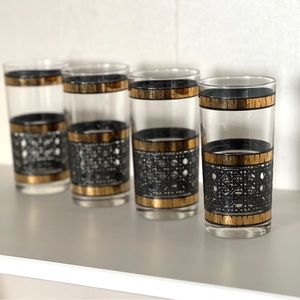 Vintage MCM High Ball Tumbler Glasses Black Cane Weave Pattern Gold Trim Set of…